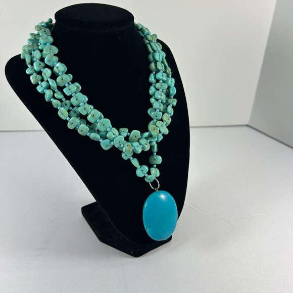 Faux Turquoise 4 Tier Oval Pendant Necklace Chippy Statement Silver Tone 16-19" - Picture 3 of 12